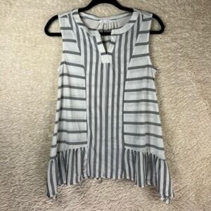 Ava James Womens Blouse Tank White Gray Striped Sleeveless Notch Neck S‎